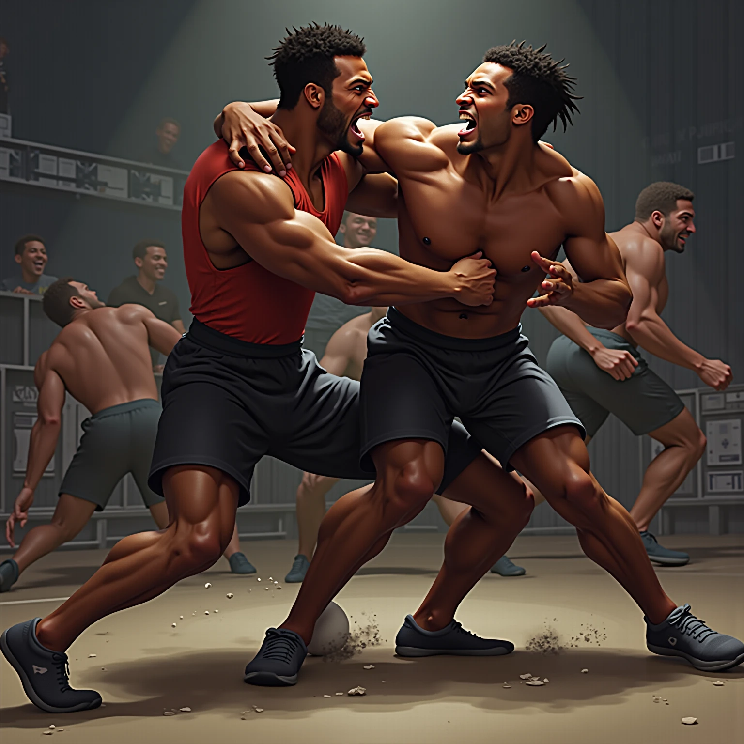 A man with Elon musk face dancing together with a man with Mark Zuckerberg face, both wearing boxer shorts and high heels, dancing in the fighting cage, highly detailed faces, hyper realistic, photo realistic