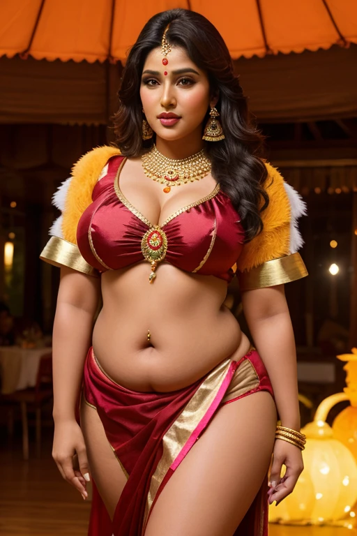 Beautiful Cherokee Indian woman with beautiful terracotta colored headdresses, blackw, doradas, cobre, Pearl, white and beige, feathers made of bright neon of various colors, flares on camera, bokeh, full moon night