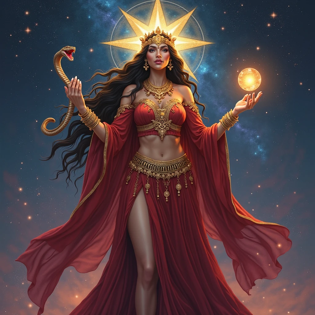 (a woman with fiery red hair and dark skin,fierce gaze,flowing robe:1.1,[portrait,sorceresysterious atmosphere,enchanted garden,glowing magical orbs,ancient ruins,fantastical creatures,spellbinding powers,ethereal beauty,[vivid colors,magical lighting],powerful presence,spellcasting)