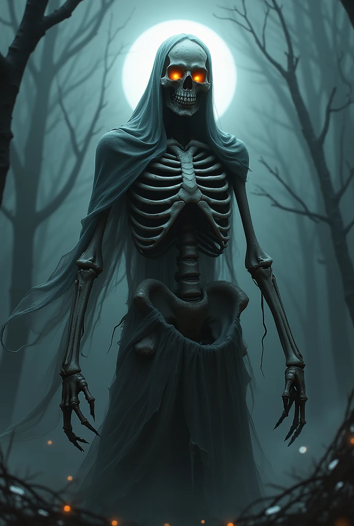 Hollow Wraith: An eerie, skeletal being with a hollow, empty torso. Its form is constantly surrounded by dark, swirling mist, and it emits a low, mournful wail that echoes through the night.