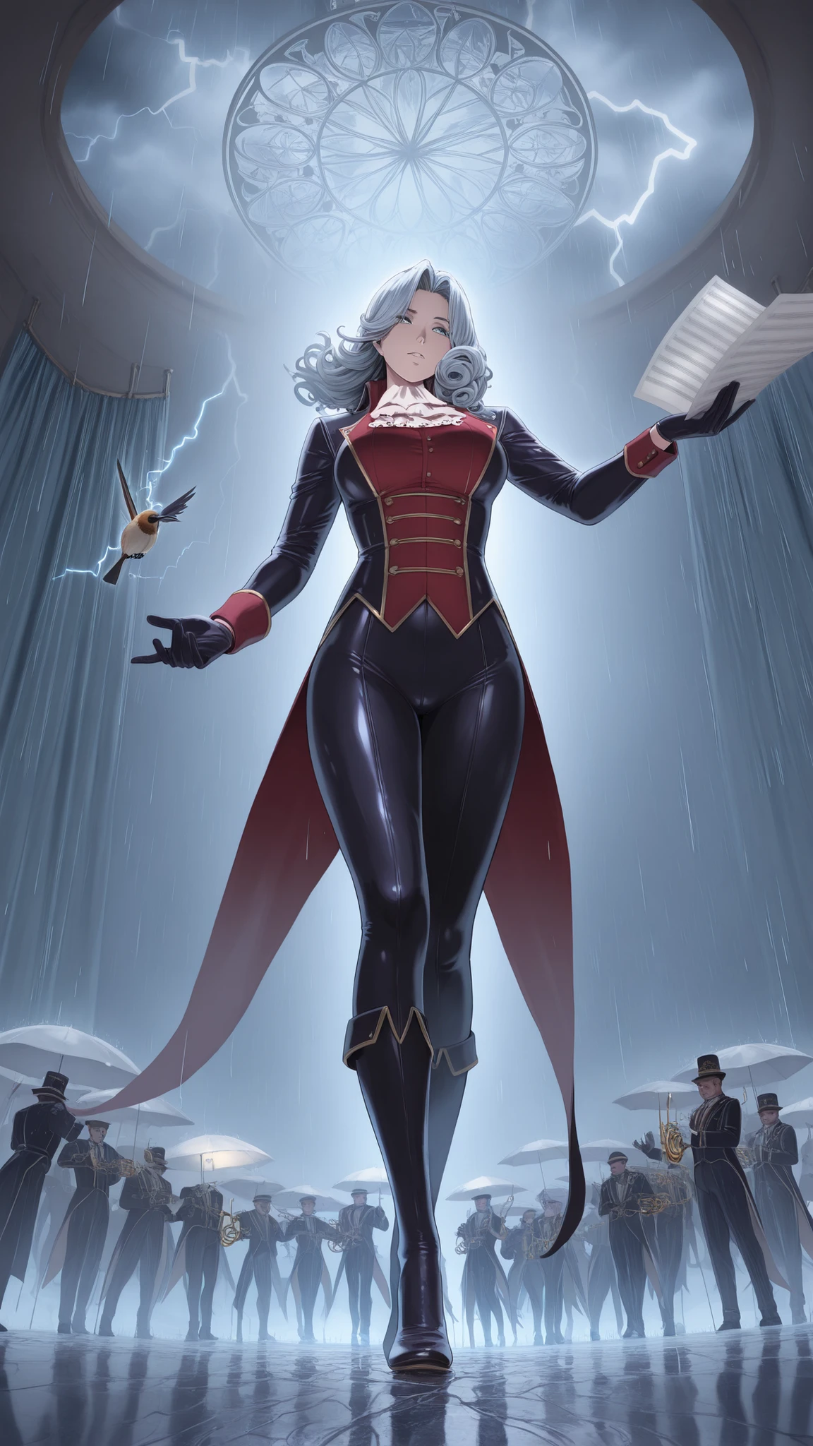 (masterpiece, perfect quality, best quality, absolutely eye-catching, art nouveau style, dramatic chiaroscuro, hyperdetailed, cinematic lighting, volumetric fog),
rating_safety,
full body, dynamic conductor pose on storm cloud stage, solo, low angle shot, (theatrical tempest backdrop: cumulonimbus curtains, rain beam spotlights),
(Weather Maestro: El Aguacero), anthropomorphic rain spirit, male, 30s, (smoldering andean features), (eyes like lightning strikes), (wild liquid silver hair),
wearing (tattered symphony tailcoat fused with storm clouds), (cravat of swirling mist), (gloves conducting raindrop staccato),
surrounded by: (orchestra of floating instruments sculpted from hail), (sheet music lightning bolts), (micro-tornado violinists), (audience of umbrella-clad cacti),
key details: (stage floor puddles mirroring starless sky), (cracked desert earth drinking rain), (copper hummingbird microphone), (symbolic condor shadow in clouds)