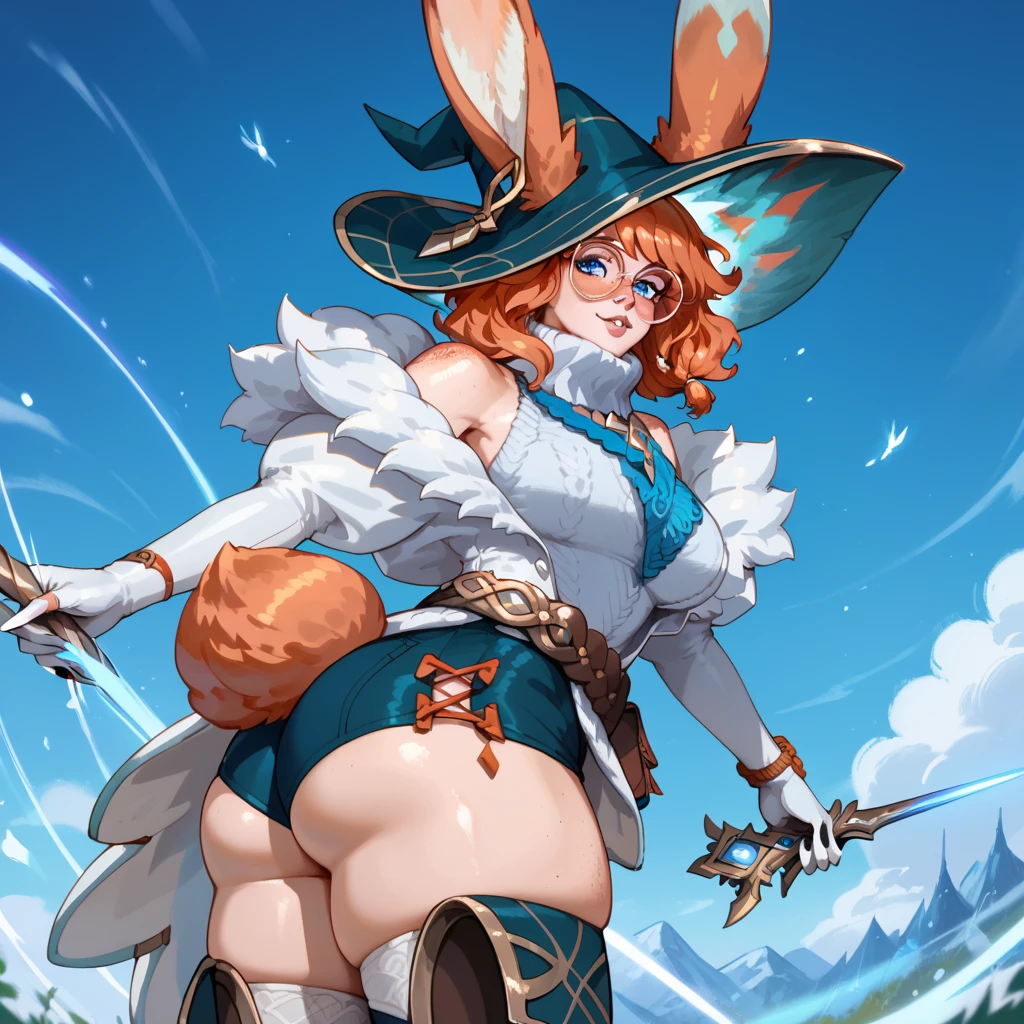1 girl, Alone, masterpiece, Best Quality, detailed, narrow waist, Wide hips, huge breasts, huge ass, score_9, score_8_up, score_7_up, aurora lol, 1 girl, Red hair, round glasses, parts, jewelry, rabbit ears, arms behind the head, blushing, naked, backwards, view of her ass