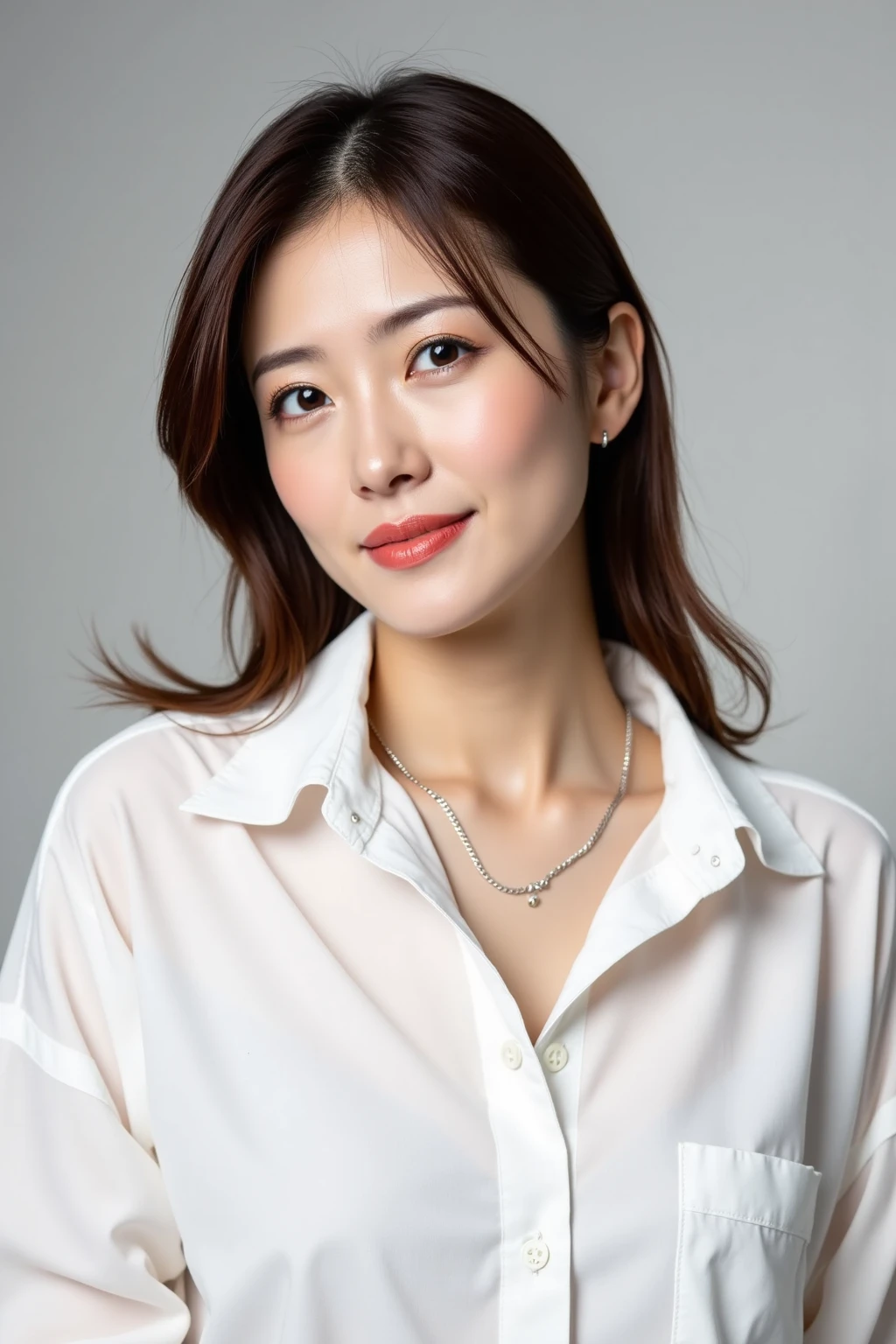 (realistic、Photoreal:1.37)、(8K、RAW photo、highest quality、masterpiece:1.2)、Super detailed、heart shaped eyes、Physically based rendering、ultra high resolution、kodak vision color、Captured with an Arricam LT camera、Bokeh、sharp focus、looking at the viewer、Photoreal、realistic、alone、Photoreal、((1 female))、((japanese woman))、((young))、((tsugumi ohba))、((cleavage))、((slim body shape))、((female ophthalmologist))、((beautifully detailed hair))、((black long hair))、((highly detailed face))、((smile gently))、((detailed lab coat))、((Beautifully detailed neck))、((detailed necklace))、