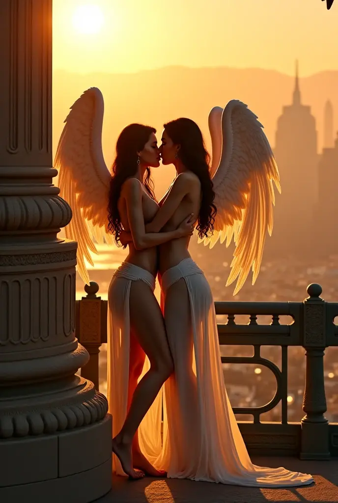  men angels, falling ,Ceu, sunset, clouds, sober colors, Melancholic, Grieving, Scrawny, bonitas, corpo bonitas, rosto Grieving, feathers, wings 