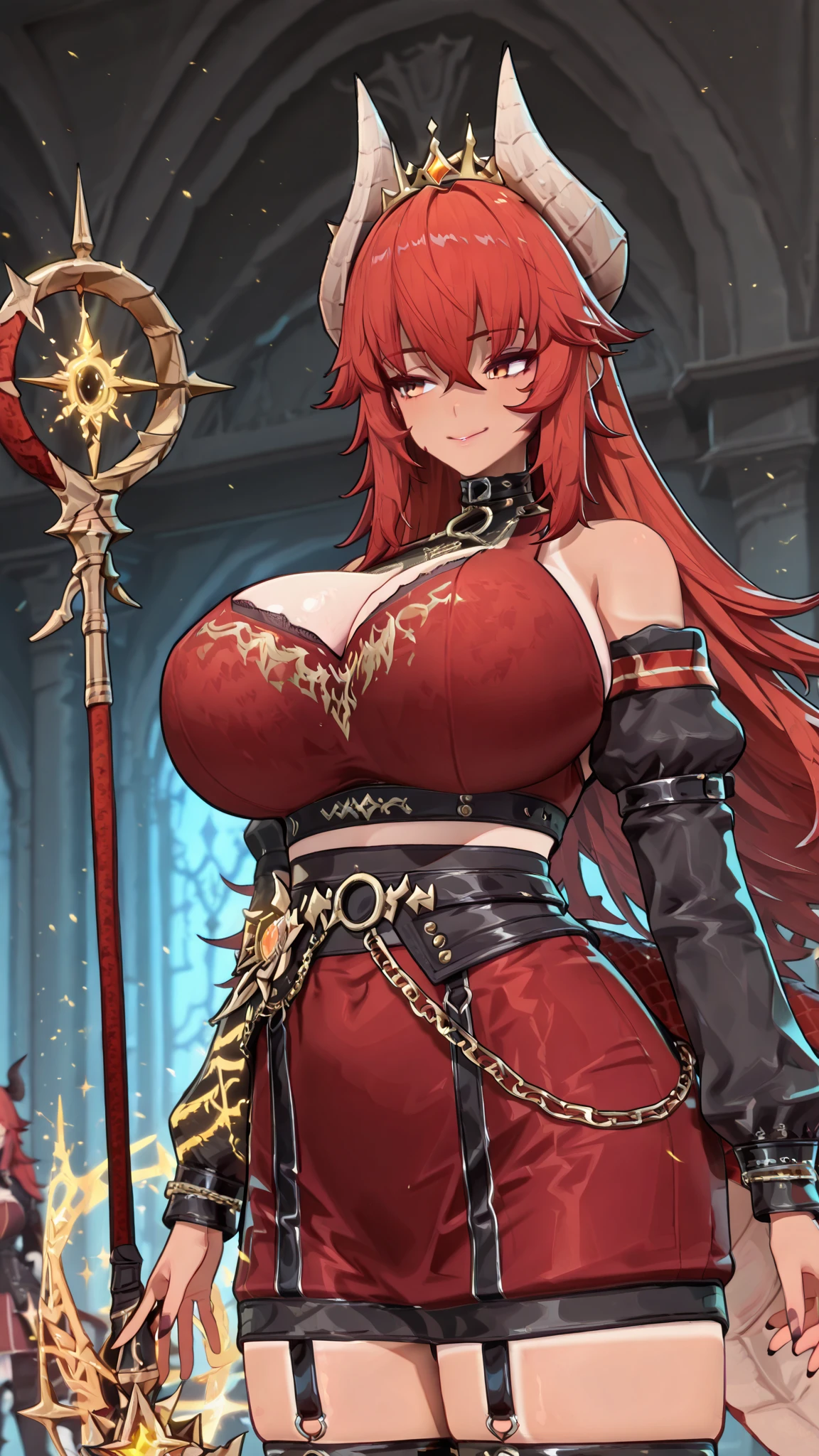 Lian, red hair, hair stick, bangs, blue eyes, solo, smiling, standing, upper body, hips, bare shoulders,purple thighhighs, black dress, gold jewelry,armor,gloves,circlet, cleavage, red and gold royal castle, gigantic breasts, (best quality, masterpiece, beautiful and aesthetic:1.2, highest detailed face, perfect face,) eyes, perfect face,expressive eyes,
looking at viewer, in the center of the image,(Upper_body),(Focus on her face),
official art,extremely detailed CG unity 8k wallpaper, perfect lighting,Colorful, Bright_Front_face_Lighting,shiny skin,
(masterpiece:1.0),(best_quality:1.0), ultra high res,4K,ultra-detailed