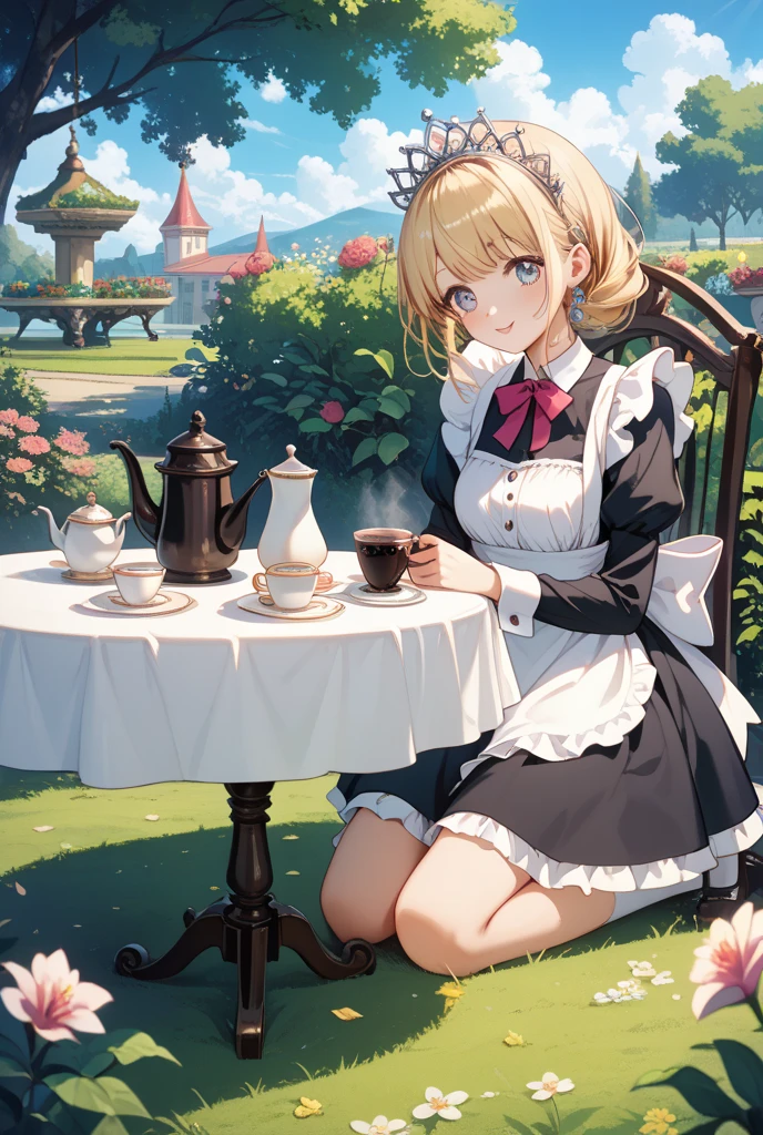 (best quality, masterpiece), (ultra high resolution, 8K RAW photo, photo realistics:1.5, textile shading, thin outline, clear focus:1.2), Beautuful Matured woman preparing tea_party in the garden, standing by the round table, (meisen's tea set, tea pot, tea cups, some cakes on dish), delicate and classy Baroque style white table with gold accents and royal_blue, wearing light_brown maid uniform, breast cleavage, maid costume:1.2, long flare skirts, apron, bow ties on the chest, long tall sally, long legs, white hair, (wearing thin-flame glasses:1.2), (milf:1.5, 28 years old, solo), (large breast, sagging breast, big tits, narrow waist), (medium short white hair, hair over one eye, (updo hair:1.2), side lock, asymmetric hair, wavy hair), (bright pupils, detailed eyes, high detailed face, Perfect face shape, eye rush), (seductitve smiling, half-closing eyes), (looking at viewers:1.3), (dynamic angle, full body, from above:1.2), ((correct anatomy:1.5, correct hands)), (ideal ratio of body proportions), (outdoor:1.2, grass field), 