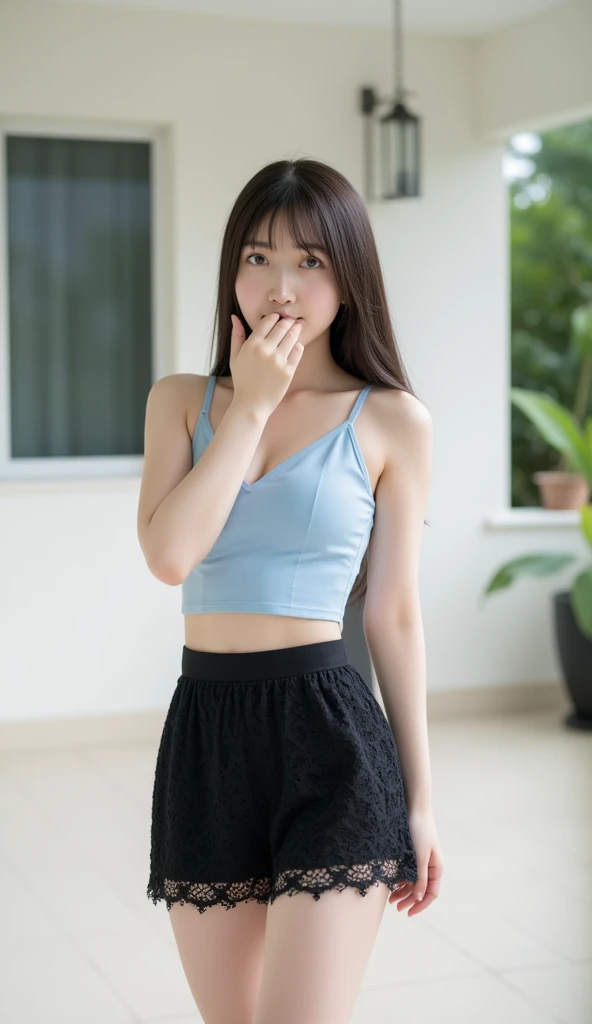 Masterpiece、high resolution、Japanese girl,Small breasts, very short length white shirts with open chest,12 years old、straddling、open legs、skindantation、cameltoe、panties aside、Sweaty、Shaved