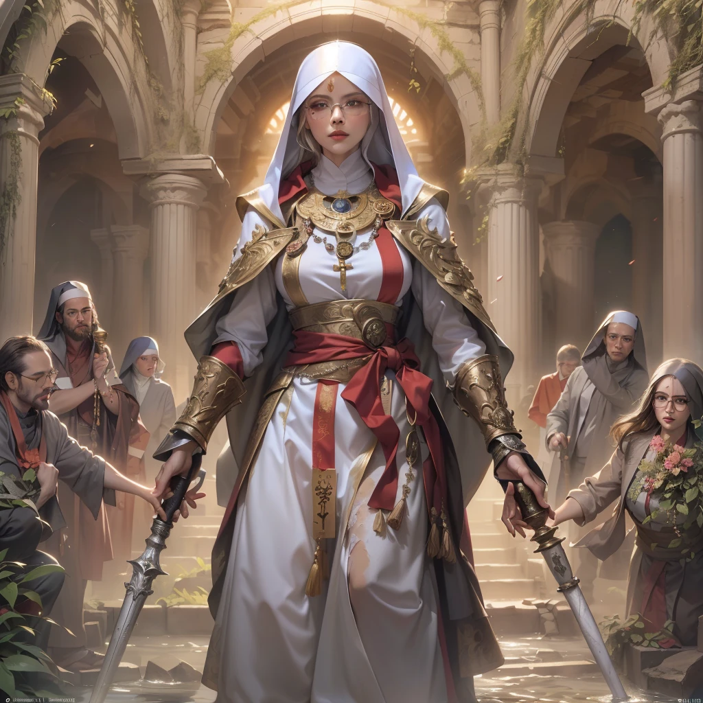 (best quality,highres),tall woman with a big bust smiling towards the camera, removing a black mask with her white hair and yellow eyes, dressed in a white ninja costume with blood stains, holding a gun