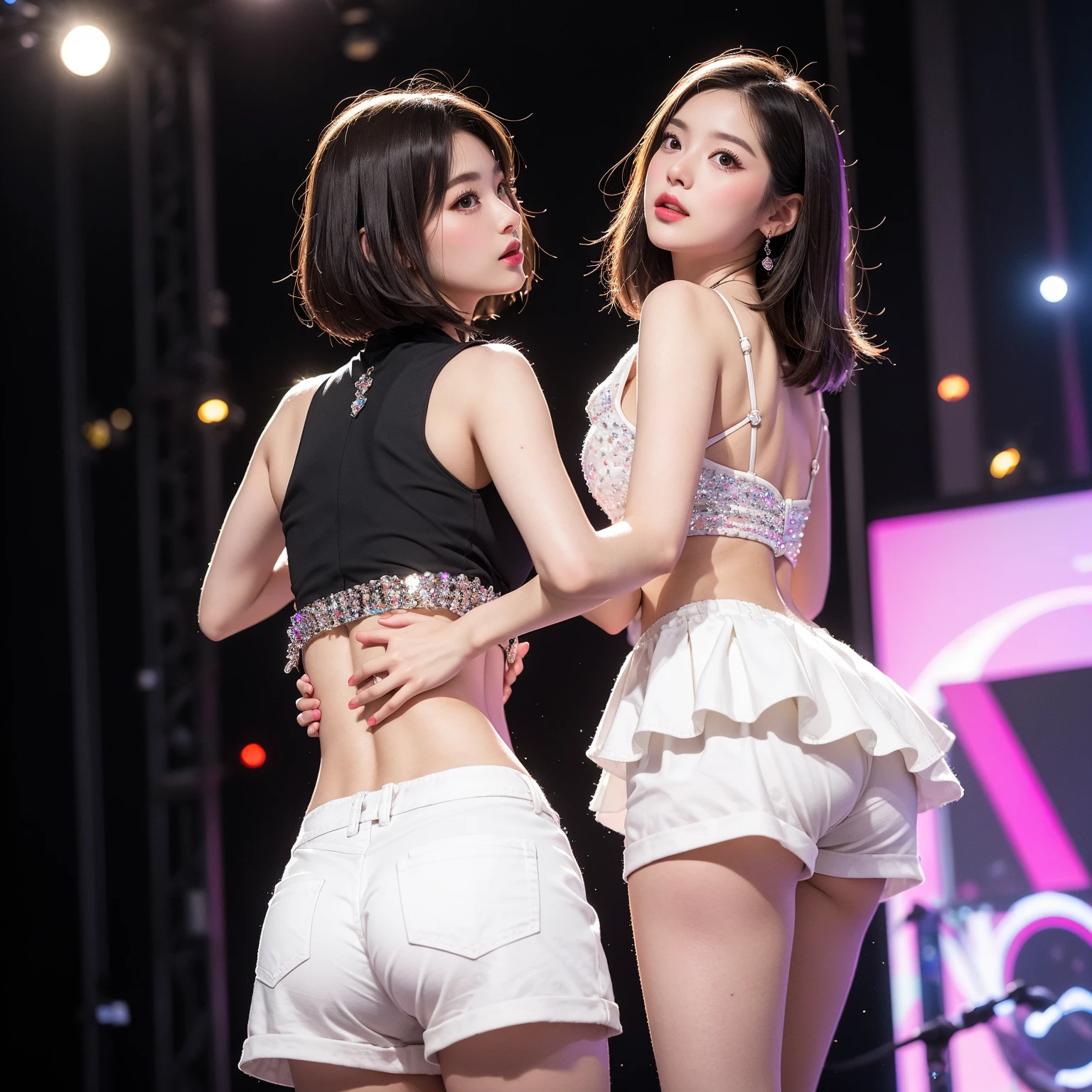 masterpiece, top-quality、Raw foto, Photorealsitic、Women between the ages of 12 and 15、Idol on stage、A smile 、sideshot、white shiny underwear、Twin-tailed、long boots、Smaller chest、frombelow、unbelievable Ridiculous、depth of fields, hight resolution, ultra-detailliert, foco nítido, Cinematic lighting、Add highlights to the eyes
