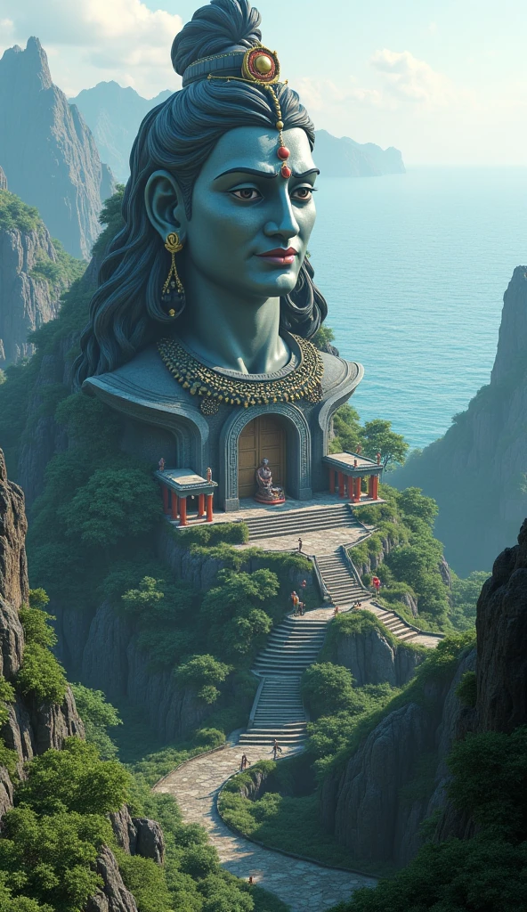 Big statue of god, sit in stone chair, people Prostrate in front him, high details, hd, anime vibe, beside big waterfall