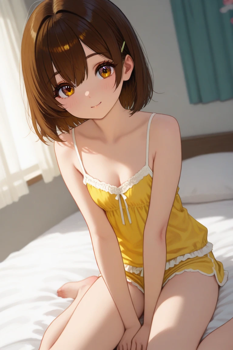 highest quality、Realistic、female、、zoom、Orange Eyes、Very short black hair、Orange bridal lingerie、Sunburn。Dark Skin、Bedroom、Sit on the bed、With your legs apart