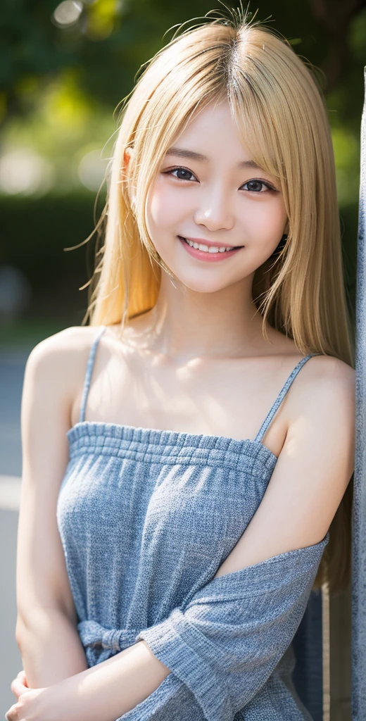 One girl, one girl, one person, japanese girl, mischievous smile, devilish smile, grinning smile, Japanese girl, 20 year old girl, beautiful, pretty face, cute face, mischievous expression, tank top, tank top, blonde hair, large breast