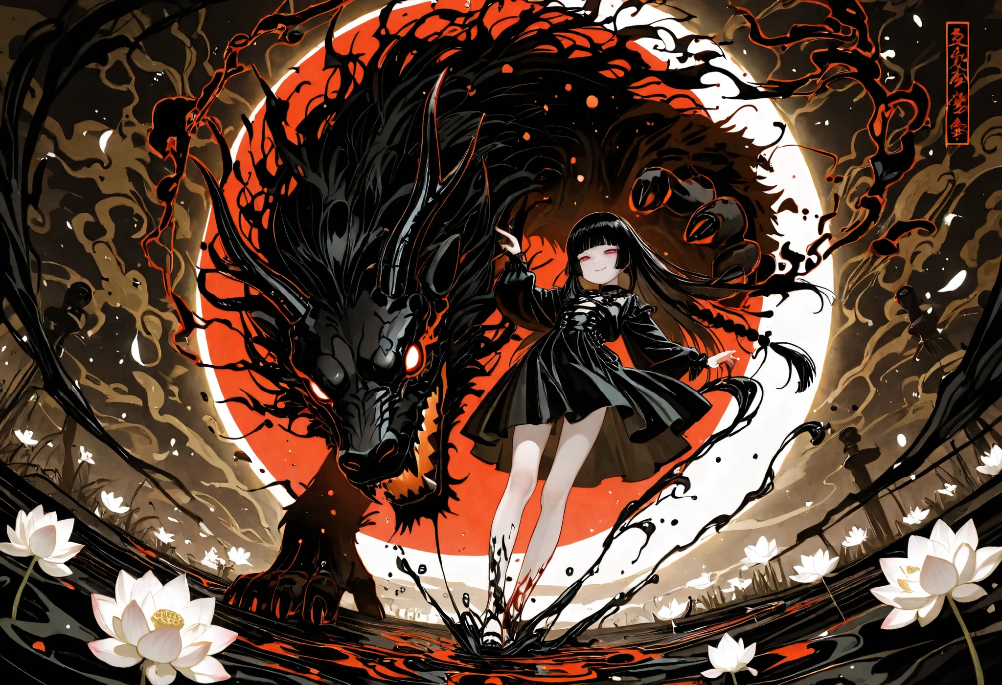 1girl, light lavender eyes, jitome, black Hair, blunt bangs, hime cut, small chest, black clothes, goth, high waist, long Side slit skirt, Choker, bare legs, black nails, flower pattern, masterpiece, best quality, Perfect details, perfect composition, Perfect face, Perfect hand, absurdres, newest, very aesthetic, amazing quality, highres, film grain, Focus on the character, Cinematic, dramatic, Magnificent, cute expression, doremi, hwansang, mx2j, blood decoration, killer, noir theme, Substantiated blood wind effects are wrapped around, vampire motif,  liquid ink floats around, Long braided knot decoration, white lotus, Flowing liquid ink, red energy, grand master, black birds, shadow fog raven, black fog summon, oriental ink painting, ukiyo-e, light effect, Liberation, transcendence, splash art, Plant ability, flower, black leaf, black vine, white grass, long Flagpole, High contrast, nsfw, smug face, conductor, cover art, Red Spider Lily, warlord, undead army, ruin, freedom, dynamic view, dynamic pose, overwhelming, dominant, Summon the black monster, Night Walk of a Hundred Ghosts