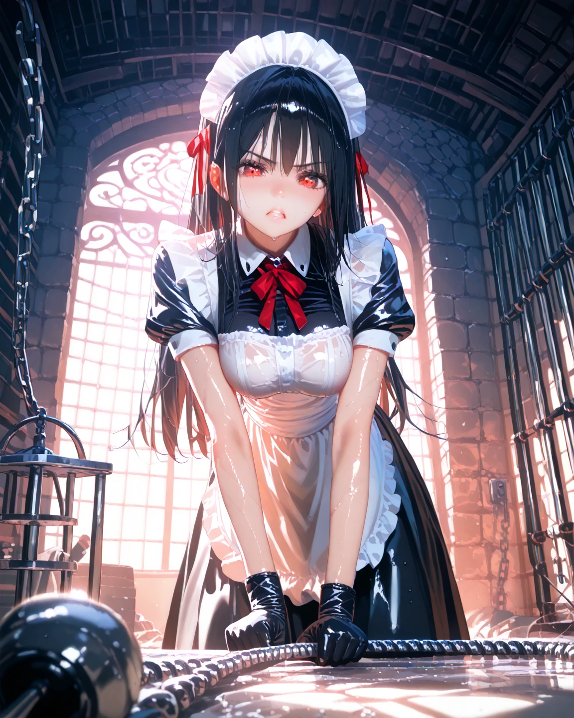Woman sitting on the floor of a prison cell,perpetrator、confinement、srestrained、 Bind、Tied arms behind、sitting in a prison, in a prison cell, stood in a cell, sitting in a dark prison cell, in the Prison, in prison, in a small prison cell, the woman is Behind bars, promo still, prisoner, prison cell, prison, Behind bars, with prison clothing, young skinny maid girl, short skirt, spread legs showing white panties, olivia pope, tv show still,torn clothes、A maid uniform torn to pieces,Behind bars, promo still, prisoner, prison cell, prison, Behind bars,A bra with wet and see-through、teats see through、