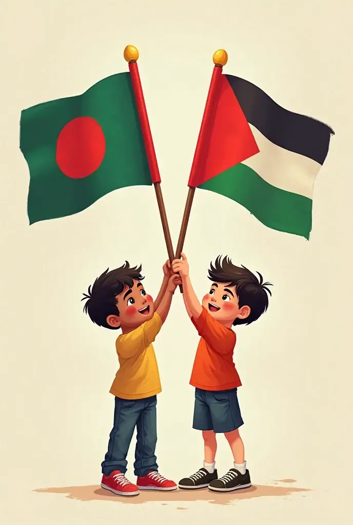 Bangladeshi flag and Palestine with student girl in 3d backside