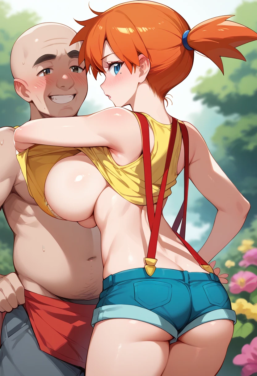  misty from pokemon futanari, armpit_hair, hairy pubic hair leading to belly button, score_9, flaccid_cock, abs, denim shorts, orange hair, hairy anus, foreskin, dripping_precum, armpit_peek, armpit sex, standing, leaning over