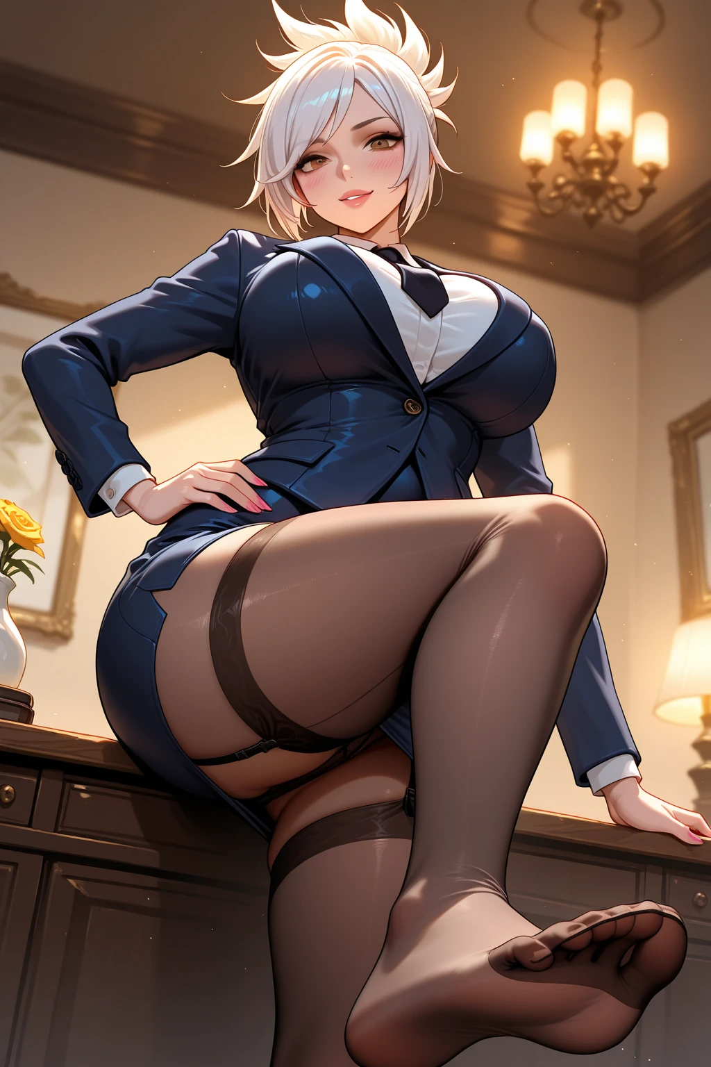 shine目, (looking at the viewer,smile with open mouth:1.1), ((1 girl)), (mature woman:1.4), blush, chic,alone, bob hair, (open crotch), (open your legs), Full body Esbian, (police uniform), smile, table top, highest quality, Super detailed, shine, shine光, ray tracing, hard diskR, written boundary depth, (perfect face, detailed face, fine eyes,perfect hands,perfect fingers), 8K,hard disk,super realistic face,ray tracing,perfect lighting,highest quality, Super detailed