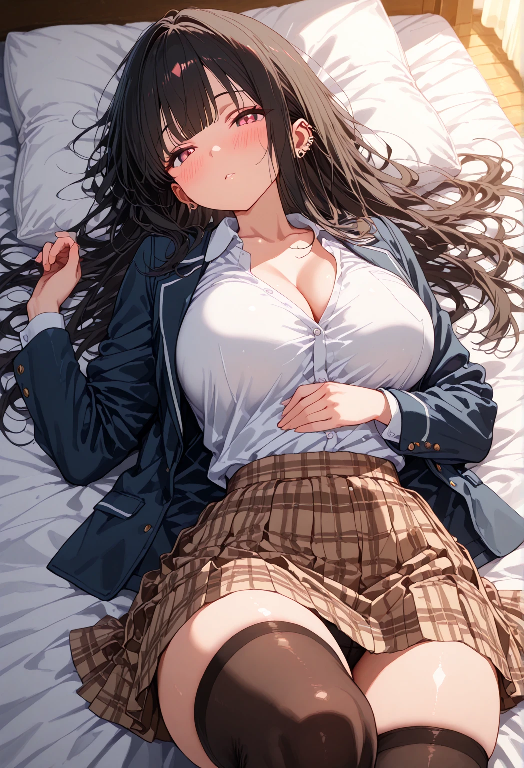 Italian girl, 25 years old, very long loose brown hair, busty, wearing a small unbuttoned shirt, wearing a black pleated miniskirt, a black lace bra, hair covering her breasts, bare feet, bedroom
