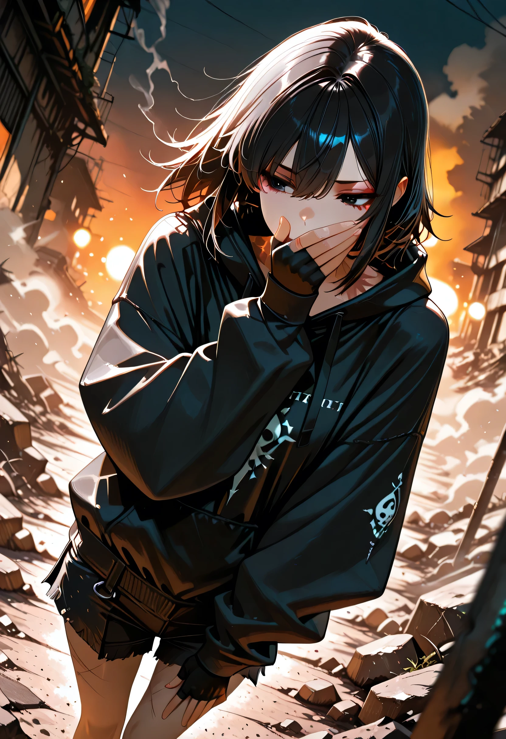 masterpiece, best quality, very aesthetic, absurdres, stylized, newest, depth of field, HDR, high contrast, sharp focus, 8k resolution, cinematic lighting, 1girl, solo, perspective is slightly angled creating a sense of depth, {dynamic_angle:1.2} , light fair skin, shoulder-length messy black hair, neck scar, skinny, burn and scar marks on hand, black eyes, stoic, troubled look, irritated, oversized black hoodie, dark loose shorts, covering mouth with arm, fingerless gloves, asymmetrical angle, closeup {midnight, outdoor, overgrown, post-apocalypse, dust, dust particle, smog, smoke, dark room}