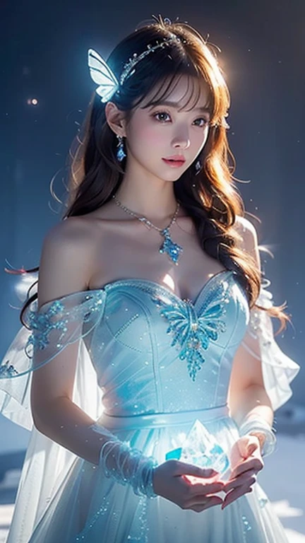 Photo-realistic quality、Japanese idol woman skating in a short white dress、 Ice Princess, Elegant girl, Beautiful costumes, Dancing gracefully on the ice, Icy pale dress、looking at the camera、Detailed and beautiful eyes、Cute smile、A soft and gentle look
