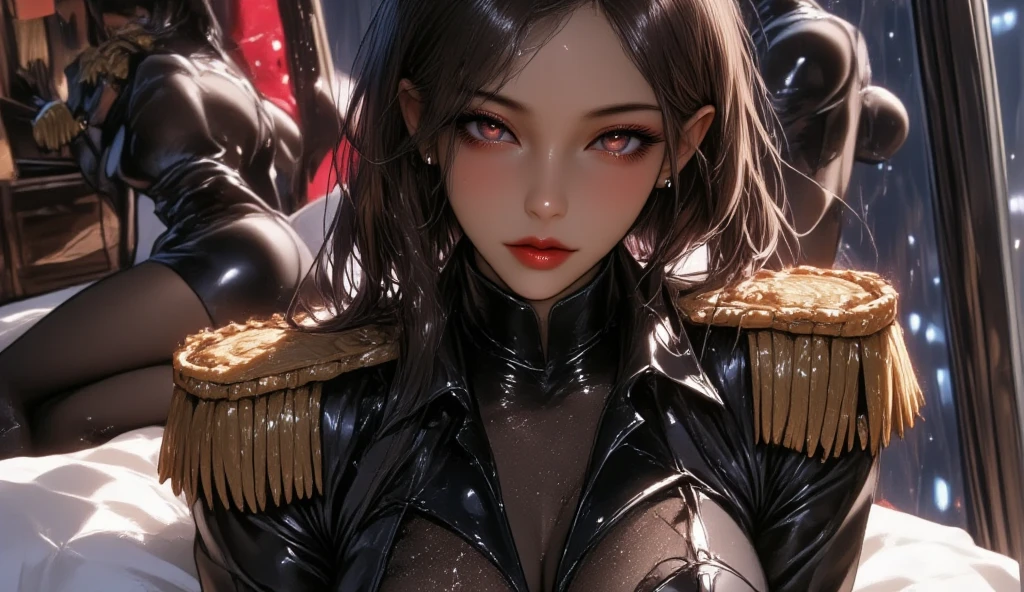 Woman, 30 years, adult, black hair, sexy karatê uniform, nigth, soft ligth, face detail, from above, fingers --style realistic-imagine -