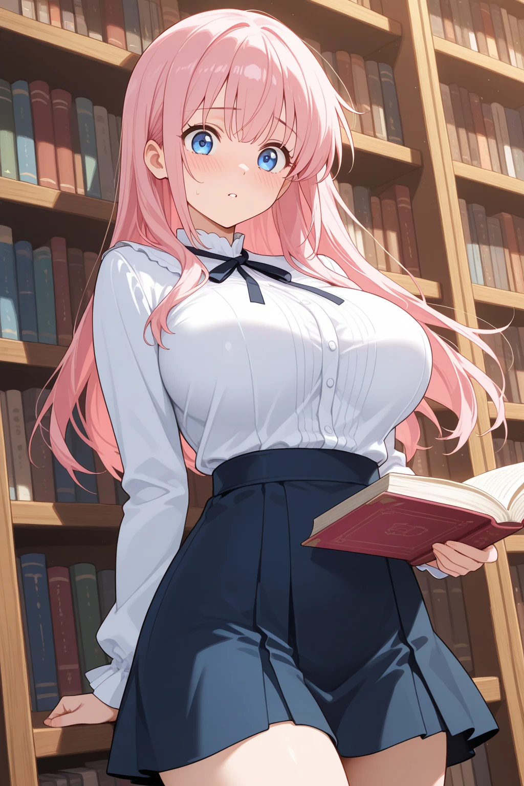 1girl, pink hair, beret, blue shirt, book, book over mouth, covering mouth, shy, timid, wavu hair, long hair, shirt, skirt, miniskirt, pantyhose, huge breasts, thick thighs, black pantyhose, green eyes, red glassea, glasses, mature female, 