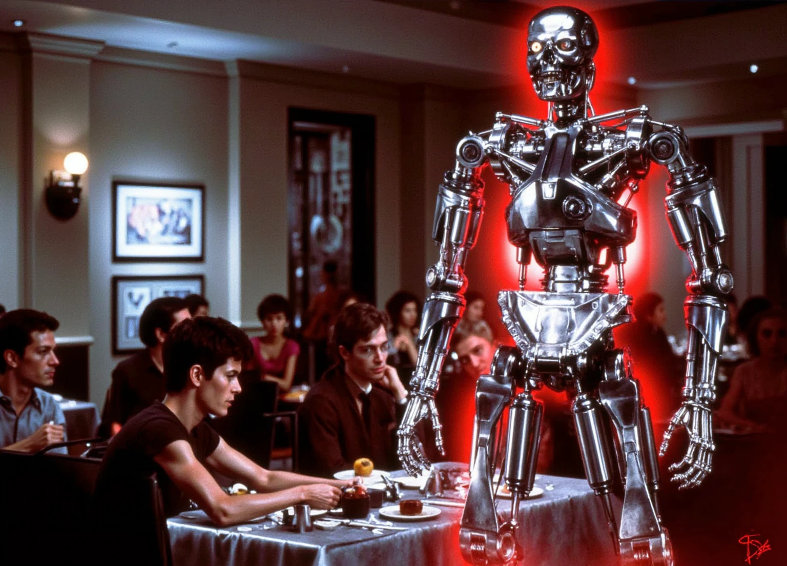 there are many people sitting around a table with a robot on it, erwin olaf, set in a steampunk world, at a dinner table, pierre pellegrini and ash thorp, promo image, animation still screencap, 2015 cinematography, droids, by Władysław Podkowiński, addams, hoyte van hoytema --auto --s2