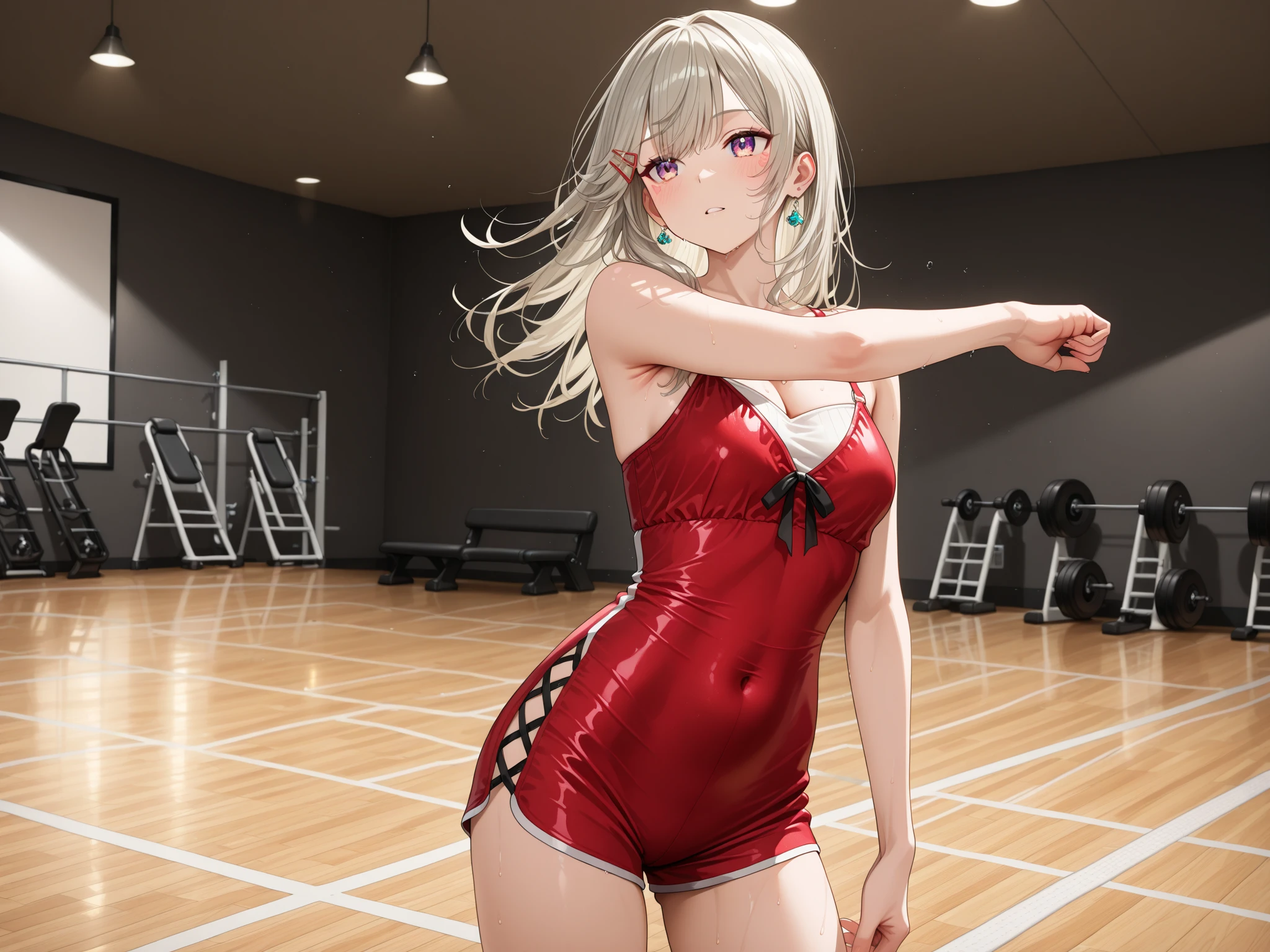 1 girl,masterpiece, beautiful lighting, detailed beautiful face, detailed beautiful eyes, high resolution, ultra-fine illustration, very delicate and beautiful, top quality, (:1.2), Solo, smiling, 30s, (silver hair ,bob hair, crimson eyes),, curvaceous, (shiny hair, shiny eyes, shiny skin), (glowing skin: 1.2), , thighs, covered navel, pelvic curtain, gloves, elbow gloves, armpits, black thighs, earrings, thighs, arms raised, under, blush, sweat, jewelry, thick thighs, gloves, bangs, arms behind the head, (competitive swimsuit), parting lips, full body, pantyhose, blushing cheeks, sandy background, bright, full body