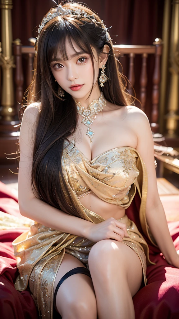 "Let our AI platform take you on a journey through a stunning portrait that will leave you in awe. Imagine a bright and beautiful face, with youthful and shiny white skin that seems to shine from within. Her hair is a sight to behold, with super long and silky straight hairs smoother than anything you've ever seen. And the cherry on top? The beautiful bangs shine like glowing crystals, Add a touch of magic to the overall image. With our wide range of designs and variations, You will be amazed at the endless possibilities."