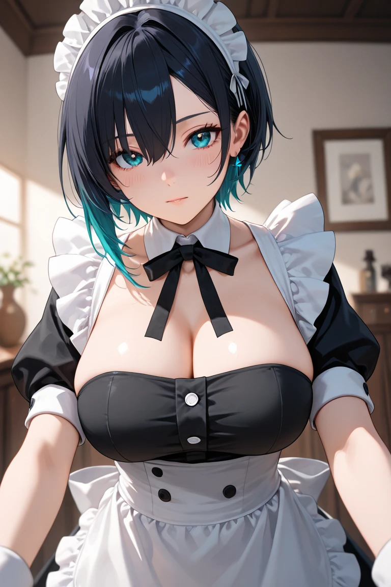 ((((masterpiece, best quality, high resolution)))), Extremely detailed 8K, Beautiful girl with voluptuous body, (Ultra HD, Ultra-detailed, Highly detailed, Highly realistic, Ultra-realistic, photograph realistic), (1girl:1.5), (Realistic blue hair), (short wavy hair, hair ornaments, earrings), (dynamic poses), facing at camera, looking at viewer, (blushing red, embarrassed, smile), (blue eyes, sharp eyes), (big perky breasts:1.2), (beautiful detailed face, beautiful detailed eyes), ((maid outfit, maid apron, maid headband)), (standing up), sweat, glow, (sunbeam, sunlight), ((cowboy shot)), coffee shop, seductive