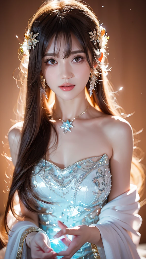 A wonderful masterpiece, Upper Body, (Adult: 1.6) Hungarian woman, (Giggling: 0.4), Place your arms behind your head, Golden braid, Sparkling eyes, victorian sundress, Floating light particles, Centered, Adding facial details
