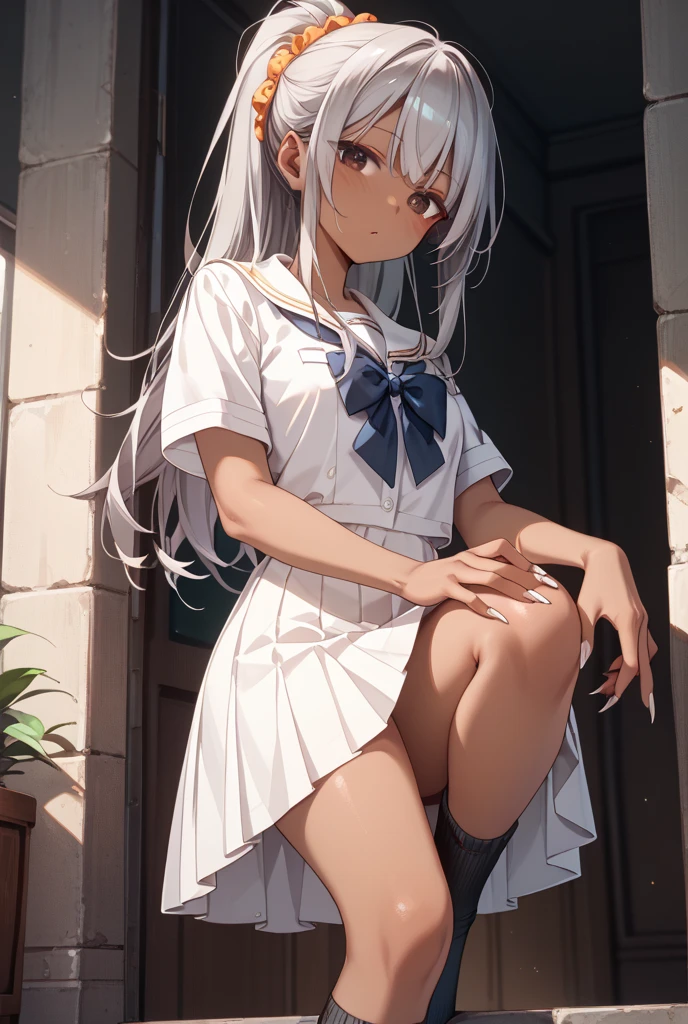 absurdres, masterpiece, best quality:1.2),illustration,8k,hd,ursula (takunomi),1girl, solo, blush, smile, closed mouth, dark skin, grey hair, long hair, red eyes, ((dragon horns)), small breasts, dark tanned skin, blue cardigan, white shirt, red bowtie, blue skirt,standing, looking at the viewer, light rays, sitting, squatting, (torn navy buruma, bloomers), cutout white shirt, navel, underboobs, lying, spreading legs, (((torn clothes, wet clothes))), peeing, peeing over bloomers,peeing,Beauty,highres, (good anatomy),hentai,masterpiece,ursula,girl,best quality,pee, peeing over bloomers,breakdomain,1 girl ,3D,guofeng