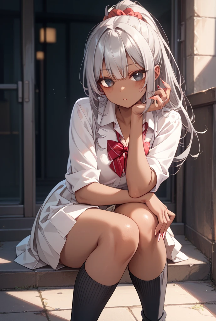 1girl, solo, long hair, looking at viewer, blush, bangs, blue eyes, long sleeves, bow, sitting, closed mouth, collarbone, jacket, hair bow, grey hair, thighs, frills, open clothes, indoors, hood, legs, book, bare legs, window, bed, on bed, stuffed toy, pink bow, blue jacket, pajamas, slippers, bedroom, izumi sagiri