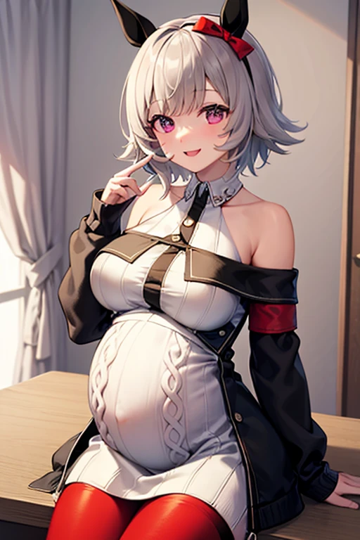 anime,dark room,best quality,8K,white short hair,red eye,big breast,cute,on the bed,14 years old,pregnancy,winter coat
