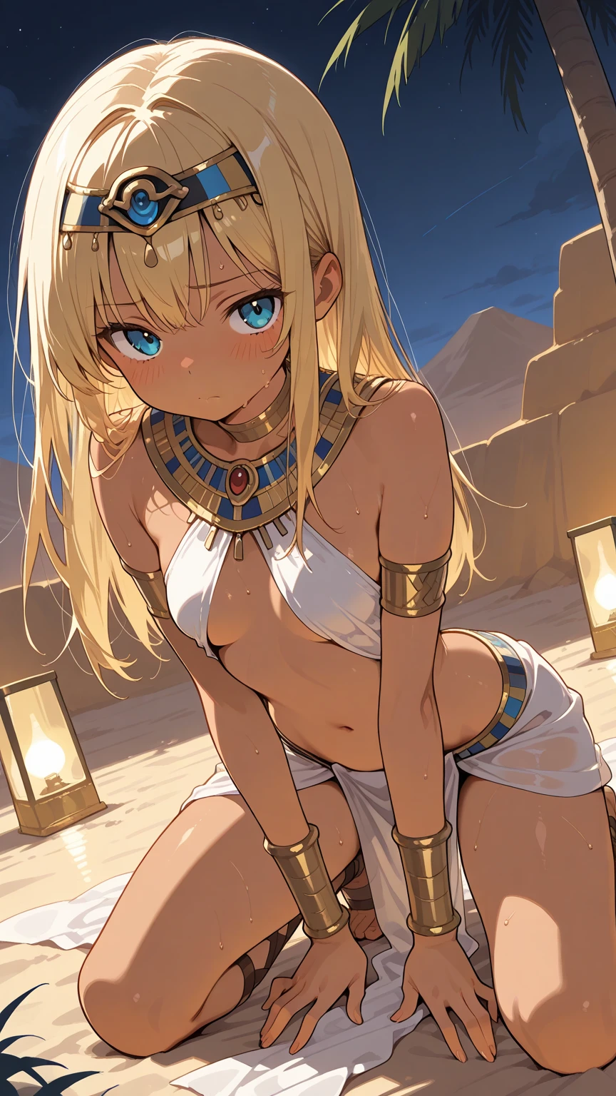 1girl,(egyptian_clothes:1.2),(dark skin:1.3),veil,silk,medium breasts,see-through,navel,gold,bare legs,gold trim,(sand on skin:1.2),glamor,on side,blue eyes,blonde hair,gem,choker,bracelet,jewelry,pyramid \(structure\),sunlight,
unparalleled masterpiece,finely detail,ultra detailed,8k,perfect artwork,Incredibly absurdres,HDR,highres,official art,perfect anatomy,, (masterpiece, best quality:1.4),