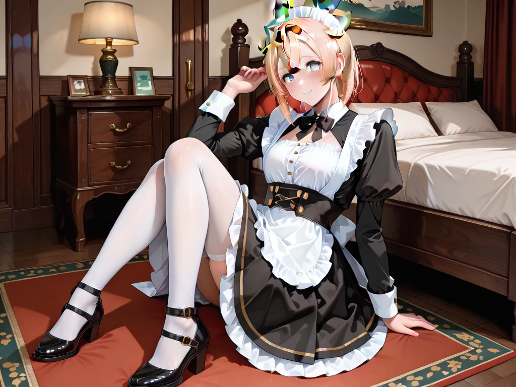 Western room background,"Kazama Iroha" has a troubled look on her face, 
"Kazuma Iroha" wearing a maid outfit, Full body depiction