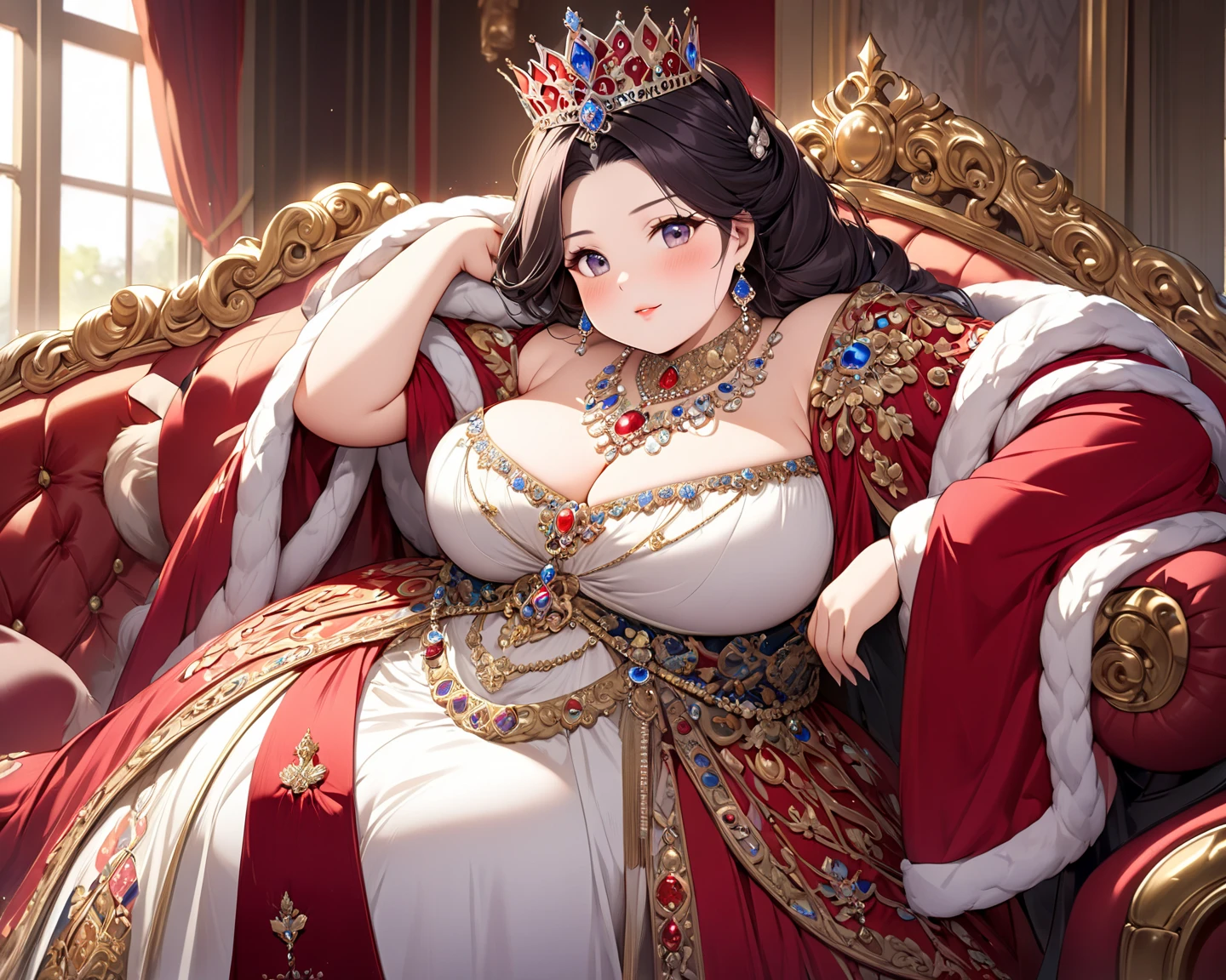 a woman with exaggerated large breasts, confident sitting on a throne, wearing a gorgeous red dress, a large ornate crown on her head, looking down at the viewer, detailed facial features, hyper-realistic, 8k, ultra-detailed, photorealistic, masterpiece, dramatic lighting, cinematic, oil painting、She is a Japanese woman、She is protected by the knights.