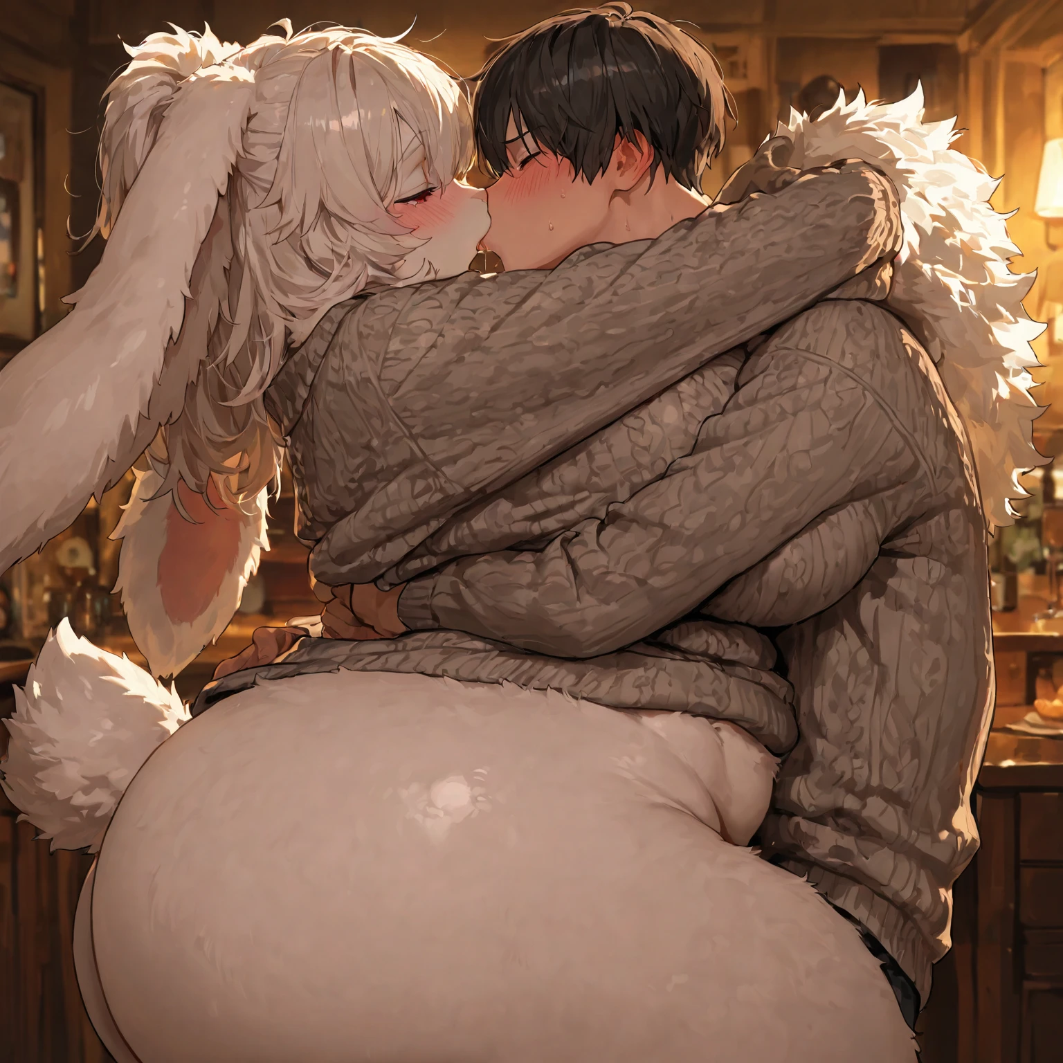(Furry、White rabbit boy wearing a nightcap)、In bed in pajamas、Snowstorm night seen from the window、Dark room with fireplace、wooden、((Mating with a black ferocious wolf))