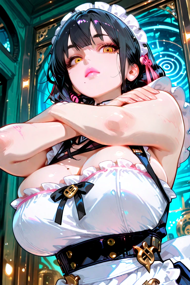 black hair, female, twin drills, solo, smol, pink eyes, massive breasts, very long hair, wear red bikini, masterpiece, ultra high quality