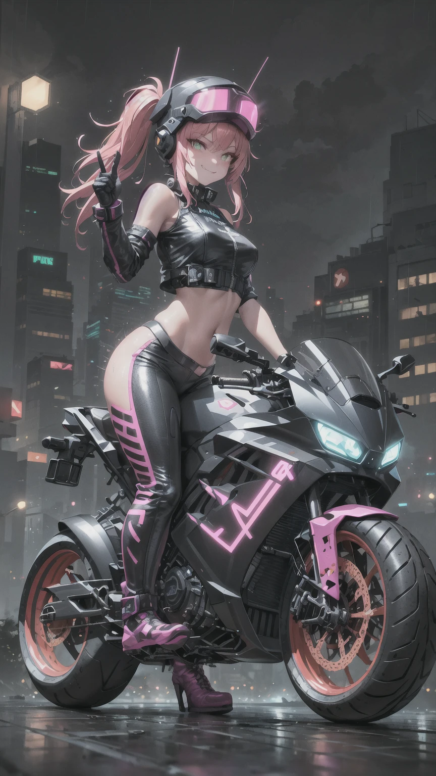 Huntress riding a high-tech motorcycle, Shoot high-tech artillery, Sparks from the gun, (1 female, brown eyes, white skin, Twin-tailed hair, choker, small breasts, skinny, lip whole, compensate, eyeliner, Russia), Wearing black one-piece leather armor, Long leather gloves, long Leather boots, In a cyberpunk town at night, (cyberpunk theme), (masterpiece, highest quality, 8K, sharp focus, Depth of bounds written, best shadows, perfect light, HDR, realistic skin texture, Ultra-detailed and detailed background), wide shot