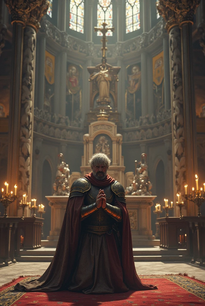 A Templar knight without a helmet inside a church next to a window. Rays of light enter through the window while the knight looks at the priest who is on the stage