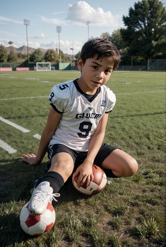 A boy playing ball on a football field