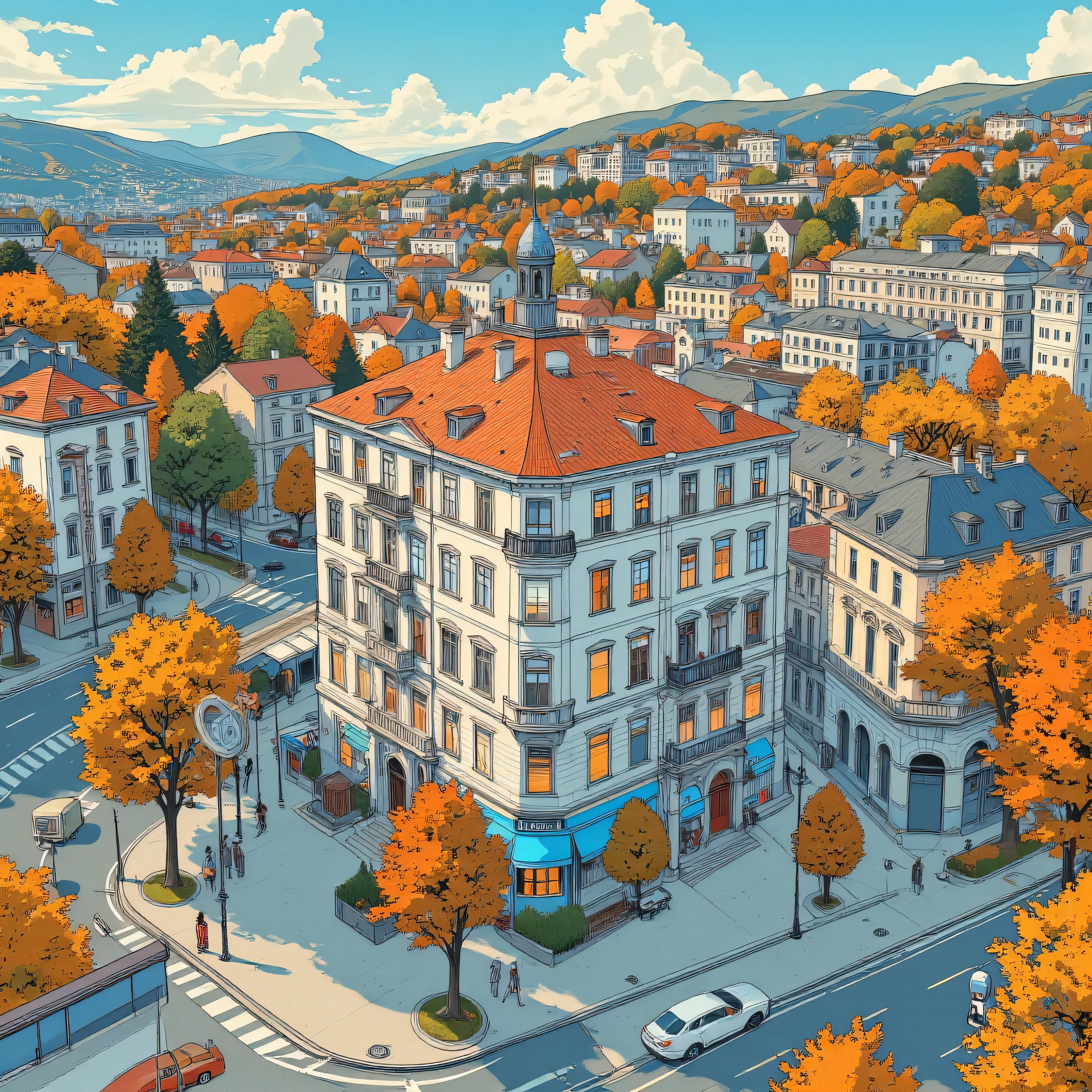 Ultra Detailed Paintings Inspired by Anime Characters ,cella di animazione, cella di animazioneの詳細,line art colorata, Grande palazzo che ha un angolo rientrante sul un lato che genera una corte urbana protetta, con negozi e alberi. urban city Civilization, tetti a tegole rosse ,palazzi, alberi in autunno, Dan DeCarlo and Don Bruce Mix Art, tratto a matita incerto, arte cartone animato vivido,città, Full color illustrations , piccioni ,auto, view from above, Ultra Detailed and Fantastic Art ,