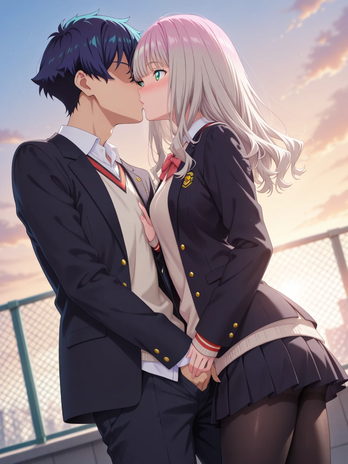 ((masterpiece, high quality, best quality)),
pink hair and purple eyes 1girl, school uniform, black hair and blue eyes 1boy, holding hands, girl is long hair, boy is short hair, night sky, couple, hetero, faceless male, dancing,
<lora:komori-style_v3.0:1.0>