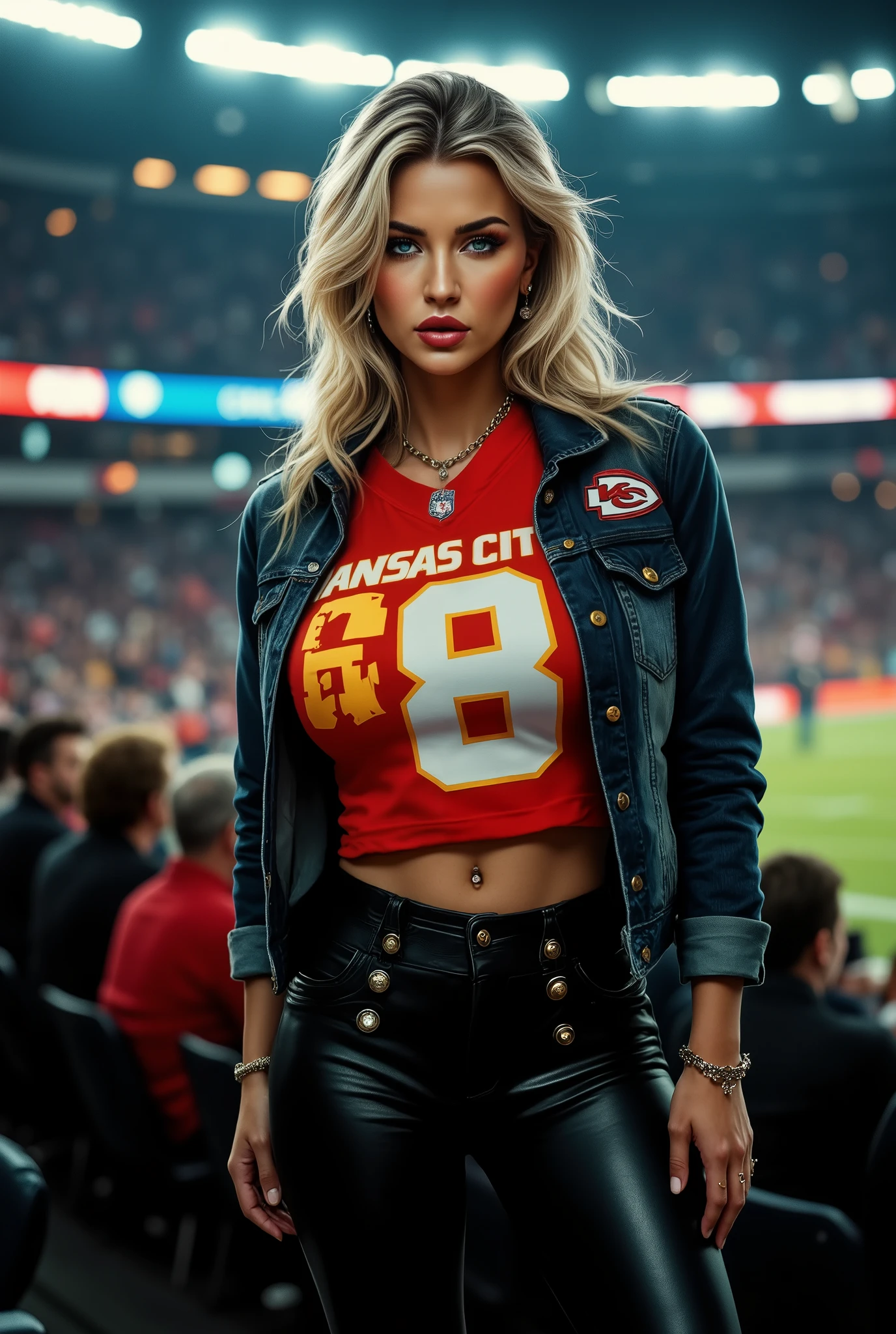 a blonde woman wearing a Kansas City Chiefs #8 Jersey, black leather pants with crotch lacing and a buckled belt, denim crop jacket, low hanging necklace, football stadium, attending the Super Bowl, realistic, photorealistic, (best quality,4k,8k,highres,masterpiece:1.2),ultra-detailed,(realistic,photorealistic,photo-realistic:1.37),HDR,UHD,studio lighting,ultra-fine painting,sharp focus,physically-based rendering,extreme detail description,professional,vivid colors,bokeh,backlit glow,night