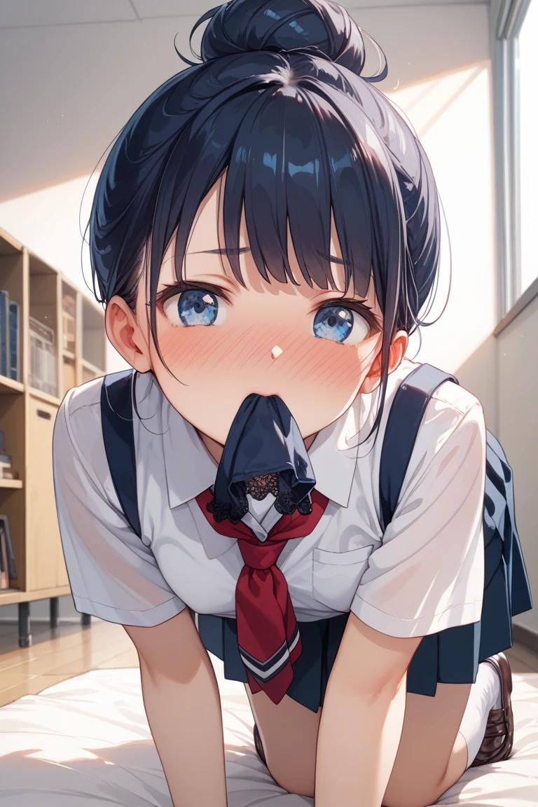nsfw, (POV oral sex with cum:1.3), (deep throat:1.3), (intense perfect fellatio:1.2), :>=, (1boy, full by:1.2), a pure innocent girl, very cute face, like a idol, blush, (school uniform:1.1), look up at viewer with lovingly gaze, arms behind the back, in front of 1penis with between viewer's legs, (mouth on the viewer's crotch completely:1.3), (perfect keeling under the desk completely, body is perfect into the desk, face come out from under the desk:1.3), (face focus:1.2), (viewer is sitting, bare viewer:1.2), (under the desk with depth:1.3), in own room, viewer's legs in the picture, from above,