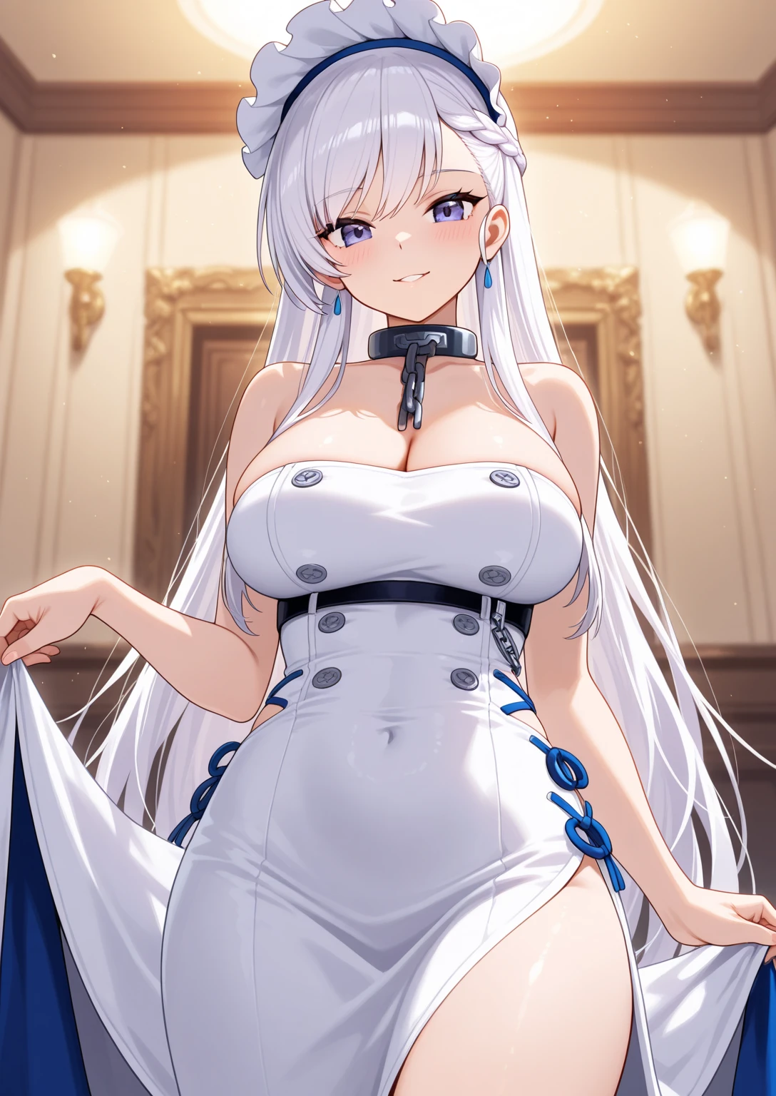1girl, solo, long hair, big breasts, looking at viewer, smile, bangs, clock blue eyes, red eyes, dancing, removing clothes, brassiere, bow, animal ears, cleavage, bare shoulders, twintails, medium breasts, very long hair, closed mouth, tail, white hair, pantyhose, sidelocks, indoors, bowtie, rabbit ears, blurry, leotard, cup, wrist cuffs, bare arms, strapless, covered navel, leaning forward, detached collar, fake animal ears, heterochromia, blue bow, playboy bunny, rabbit tail, strapless leotard, white pantyhose, white leotard,