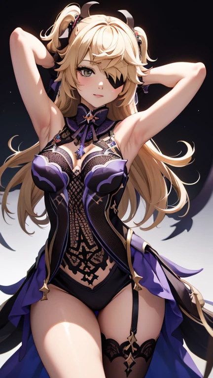 Adult female,long golden hair, purple eyes,hourglass body figure,ying yang outfit