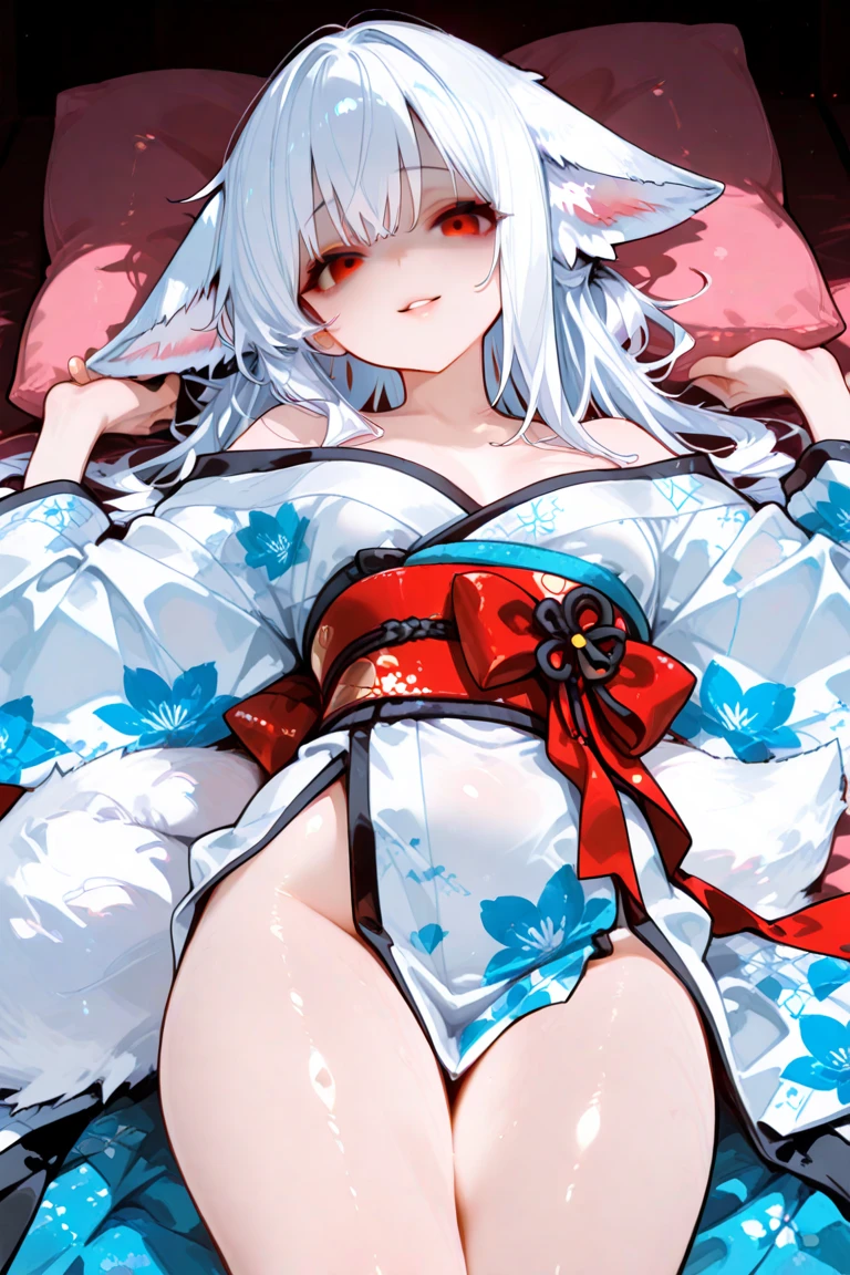 one girl, Shirakami Fubuki, fox ears, white hair, yukata, lying on futon, from above, shy, look at me, love me, naughty mood, upperbody focus, off shoulder, heart mark, kissing face