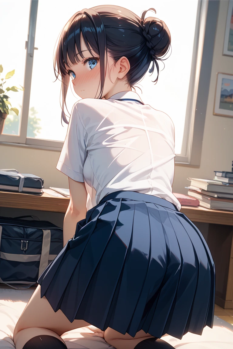 (((masterpiece, Highest quality, High resolution, 超High resolution, Perfect Pixel, Depth of written boundary, 4K, RTTX 10.0))), Beautiful Anime Women, Beautiful art style, Anime characters, ((Smooth texture, Realistic texture, Anime CG Style)), Exact finger count、Exact number of legs、(Exact number of arms:1.0, Exact number of hands:1.0), (Perfect hands, Perfect Anatomy.1.5), Cinematic, Realistic, Extremely detailed CG, Daytime lighting, Perfect lighting, Best Shadow, The best natural light, Perfectly balanced style, Perfect body, (Slender body:1), whole body, ((bangs, Dark brown hair, Twin tails)), cute, ((A woman is sitting on a chair with her skirt flipped up, exposing her light blue panties.:1.4)), ((Beautiful eyelashes)), ((Detailed face:1.2)), (Fashionable white shirt, Navy blue sailor color, Sailor suit, Navy pleated mini skirt:1.3), (セクシーでcute水色のパンティ, Light blue panties with lace trim around the edges, Detailed panty folds:1.4), (Shiny satin side-tie light blue panties:1.5), (A puzzled look:1.3), (blush:1.1) (School classroom, The back of the chair is behind your back, During class:1.3), From directly behind, (Skirts of uniform and precise length, The skirt is flipped up:1.2), (Close up on ass in panties:1.2)